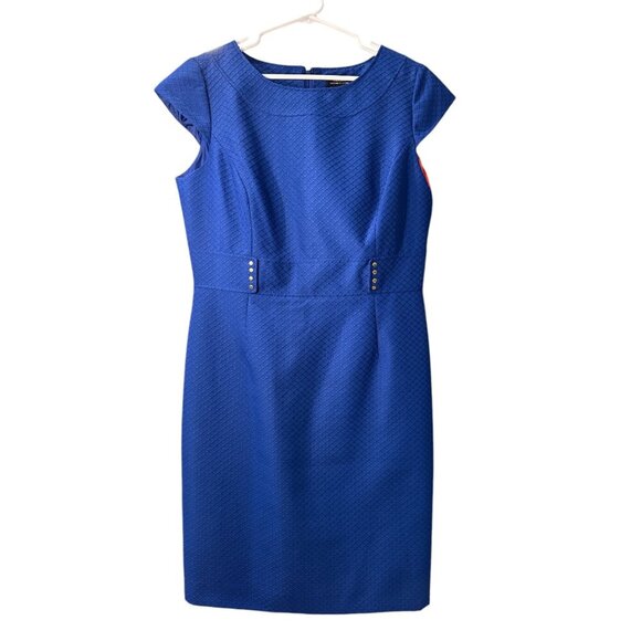 Tahari Arthur S. Levine Blue Textured Cap Sleeve Sheath Dress S 14 Pre-Own EUC - Picture 1 of 6